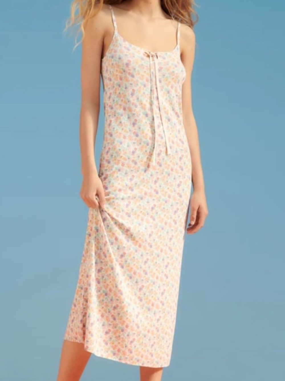 Zara Floral Print Knit Tie Front Midi Dress